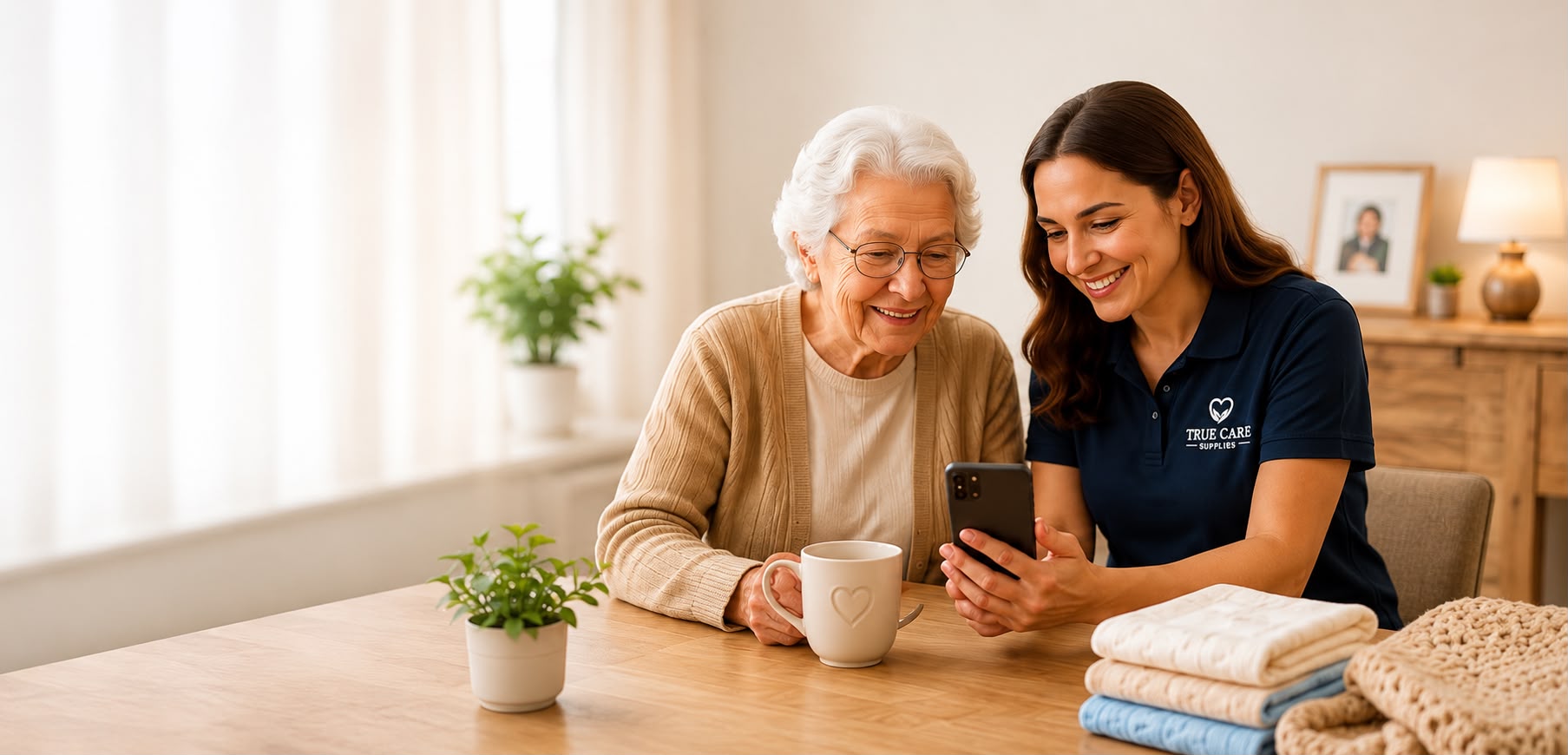 A caregiver showing a client something on her phone