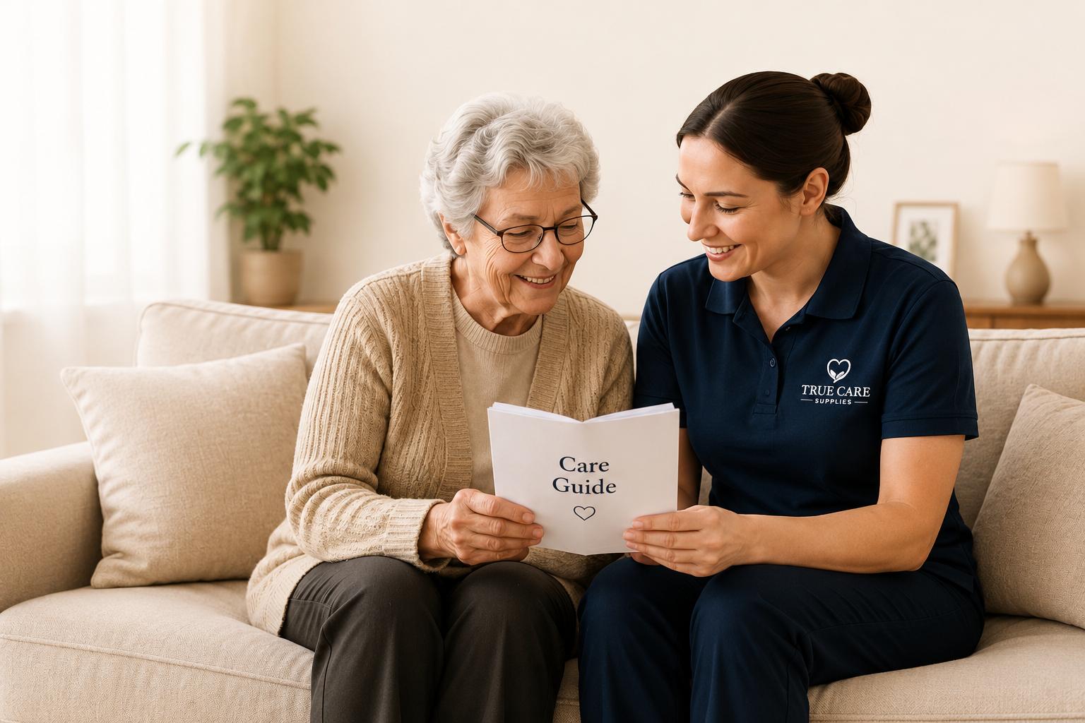 Caregiver and elderly woman reading a care guide together